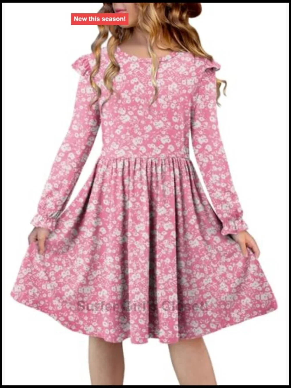 Girls Long Sleeve Ruffle Skater Dress Casual A-Line Twirly